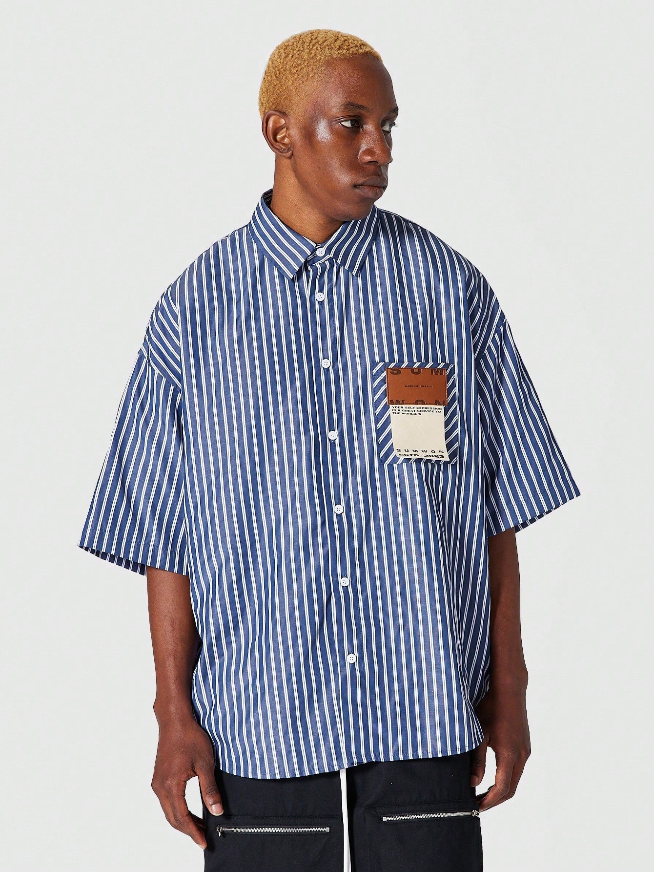 Oversized Fit Pinstripe Poplin Shirt With Badge Pocket