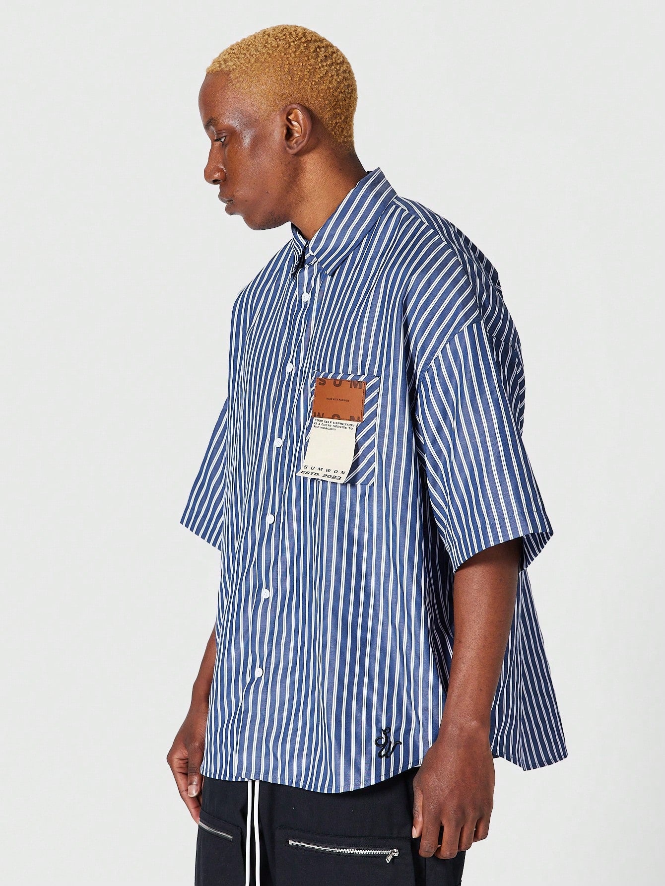 Oversized Fit Pinstripe Poplin Shirt With Badge Pocket