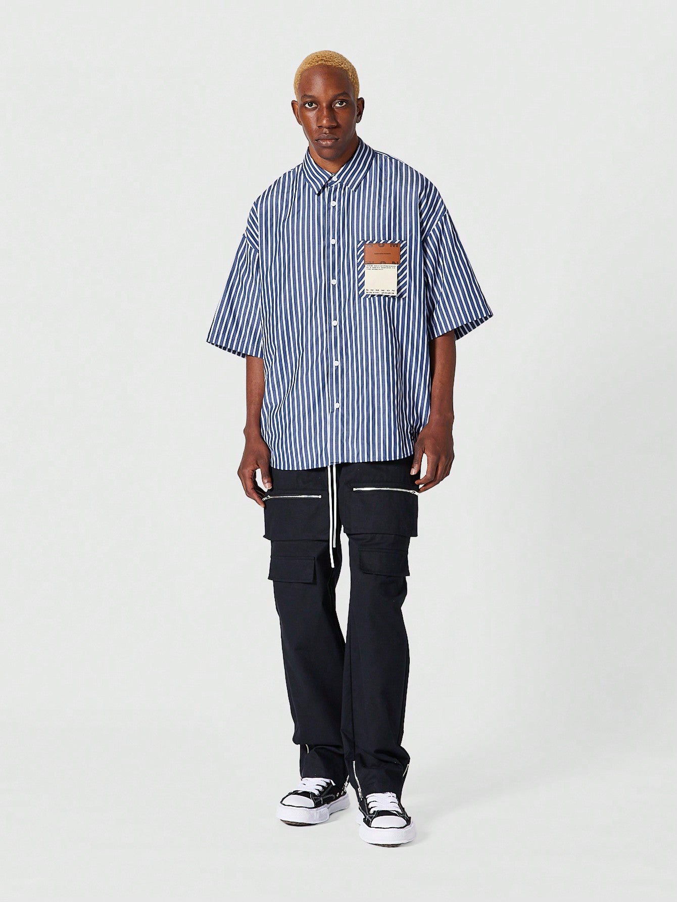 Oversized Fit Pinstripe Poplin Shirt With Badge Pocket