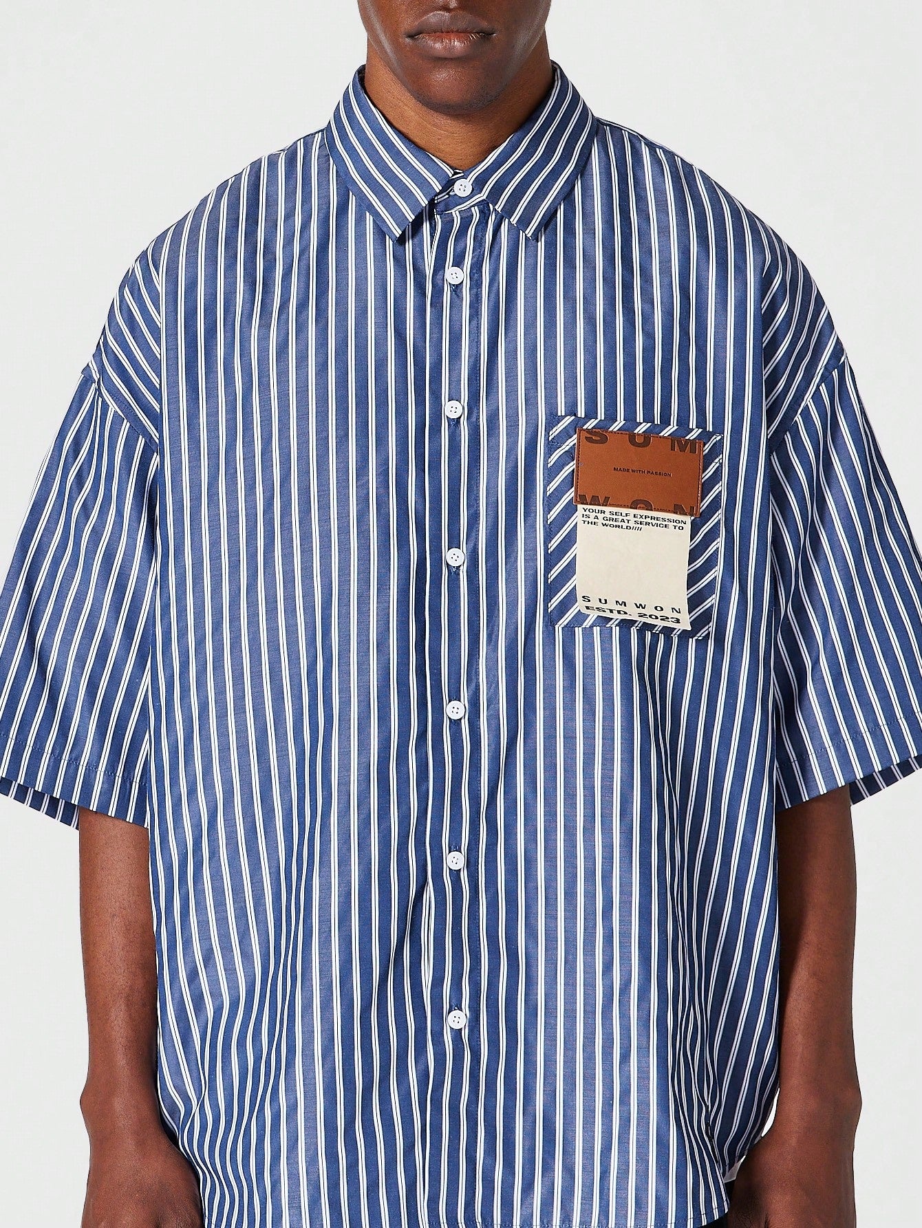 Oversized Fit Pinstripe Poplin Shirt With Badge Pocket