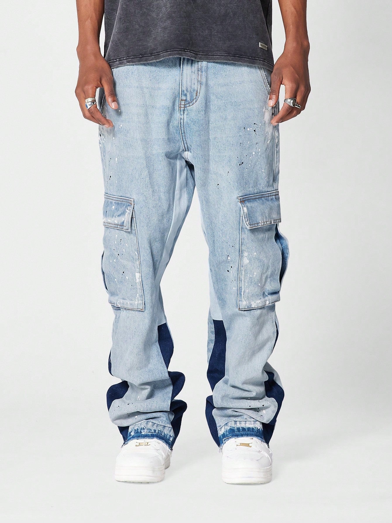 Flare Fit Cargo Jean With Paint Print