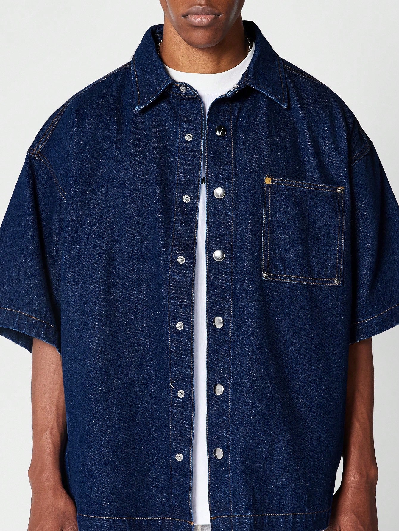 Oversized Fit Short Sleeve Denim Shirt With Front Pocket