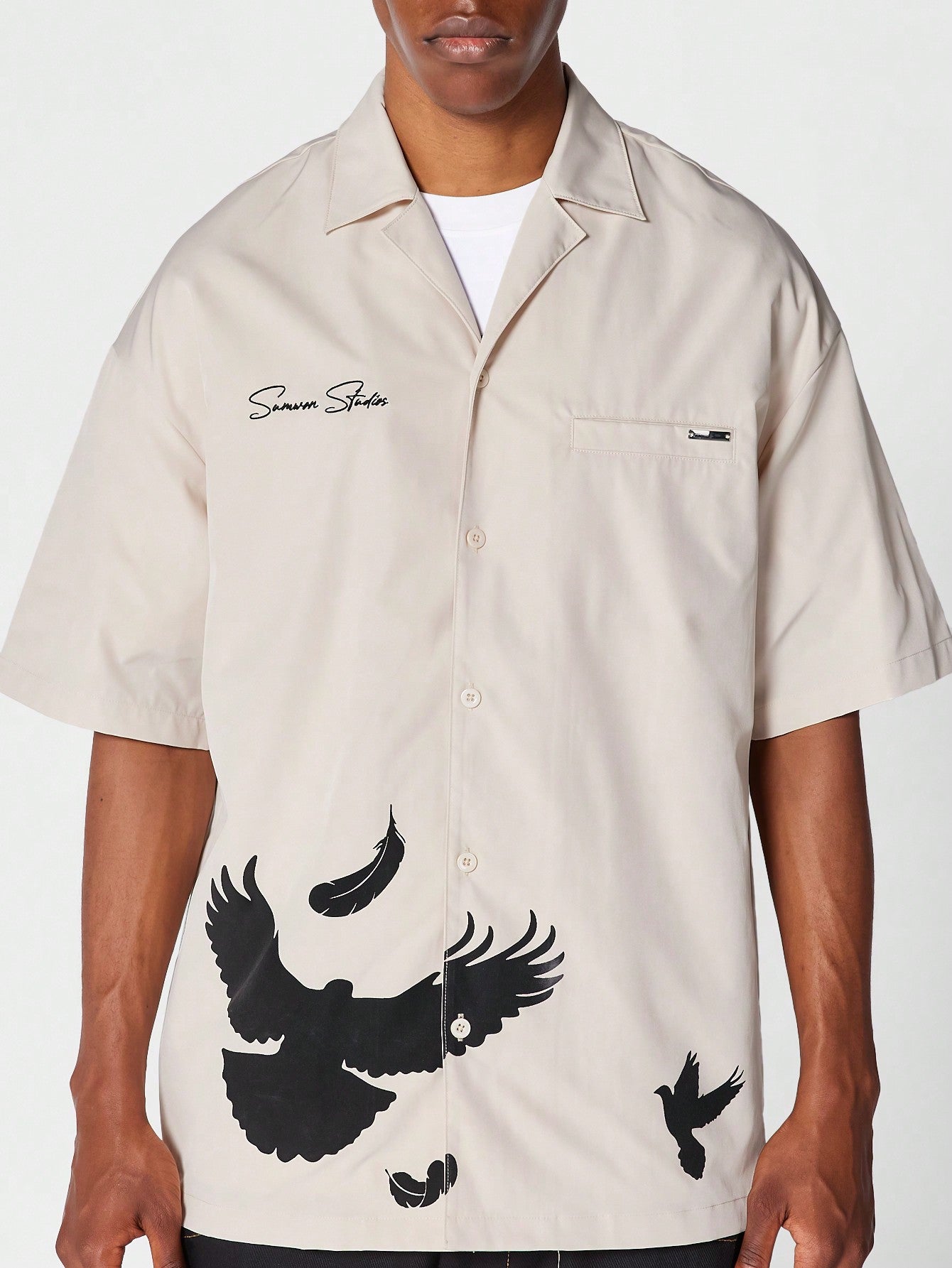 Revere Collar Short Sleeve Shirt With Front Graphic Print