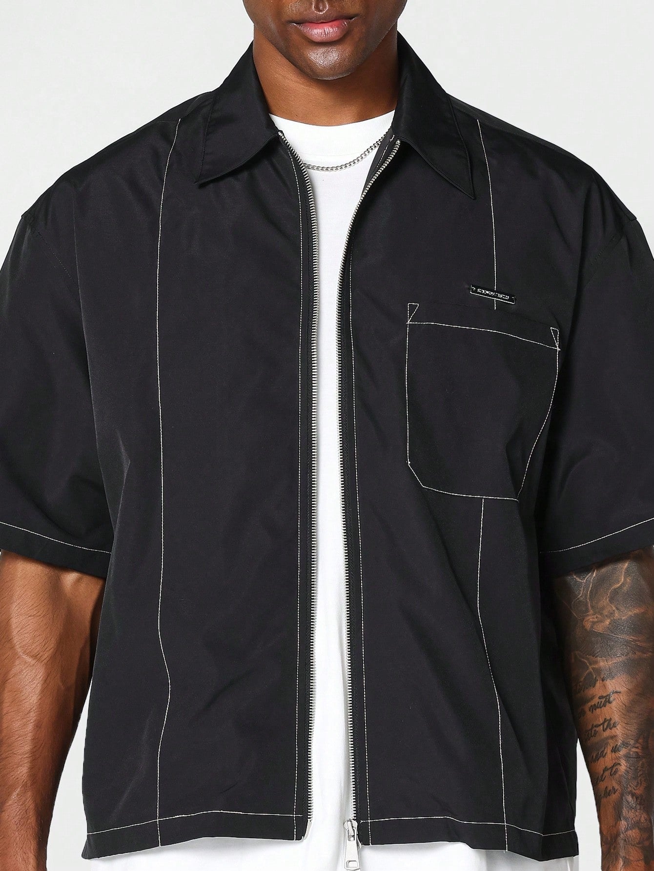 Boxy Fit Zip Through Shirt With Patch Pocket