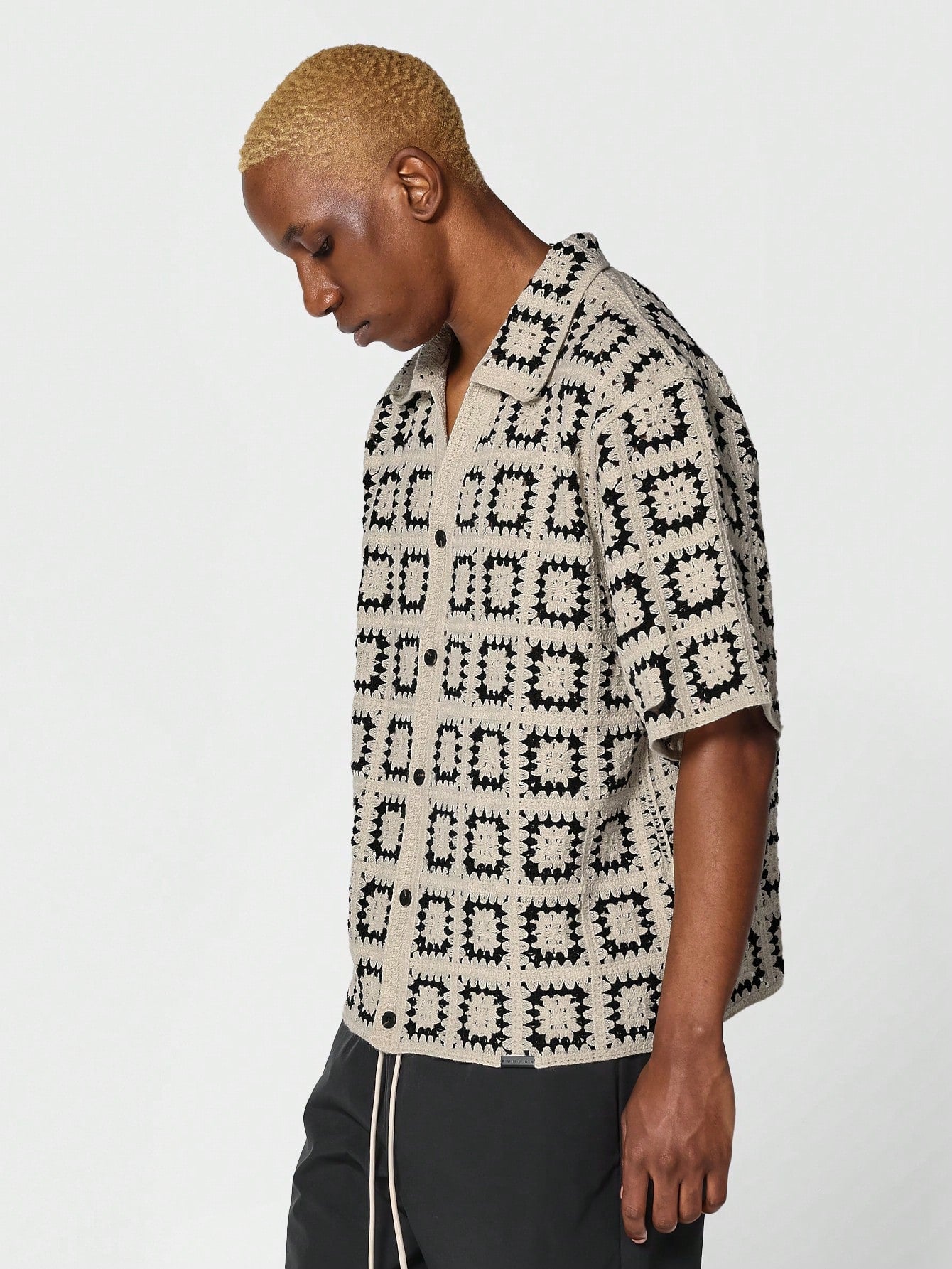 Boxy Fit Button Through Crochet Knit Shirt