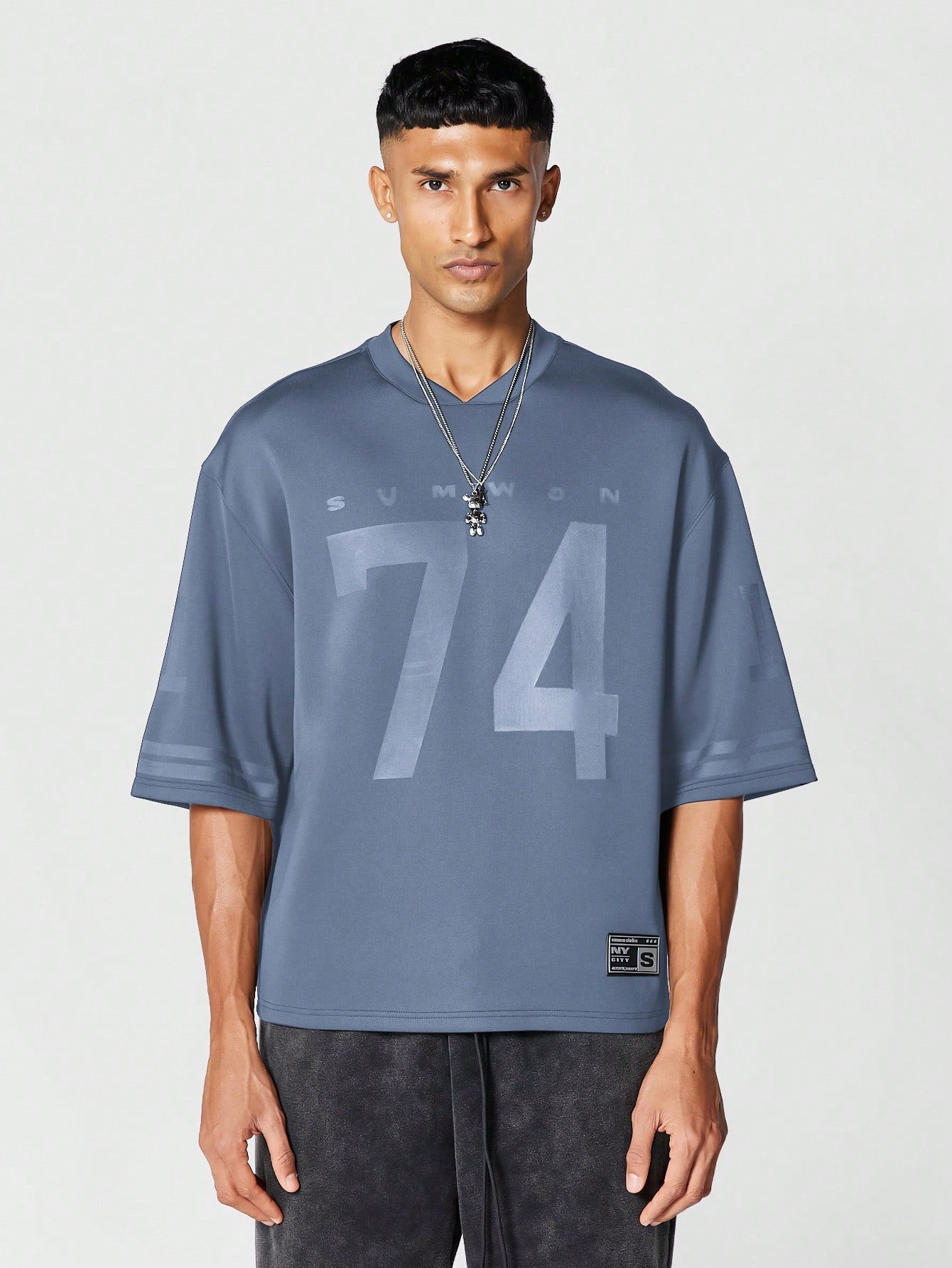 Oversized Fit Elbow Sleeve Hockey Tee With Front Number Graphic Print