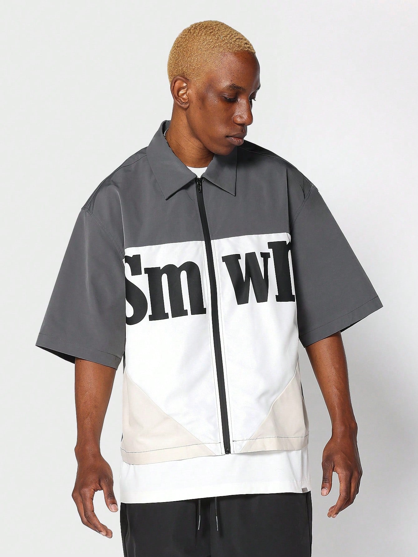 Boxy Fit Zip Through Shirt With Front Graphic Print